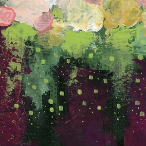 May include: Abstract acrylic painting with a floral theme. The artwork features a mix of colours, including pink, white, yellow, and green, with a dark burgundy base. The brushstrokes are visible, creating a textured effect.