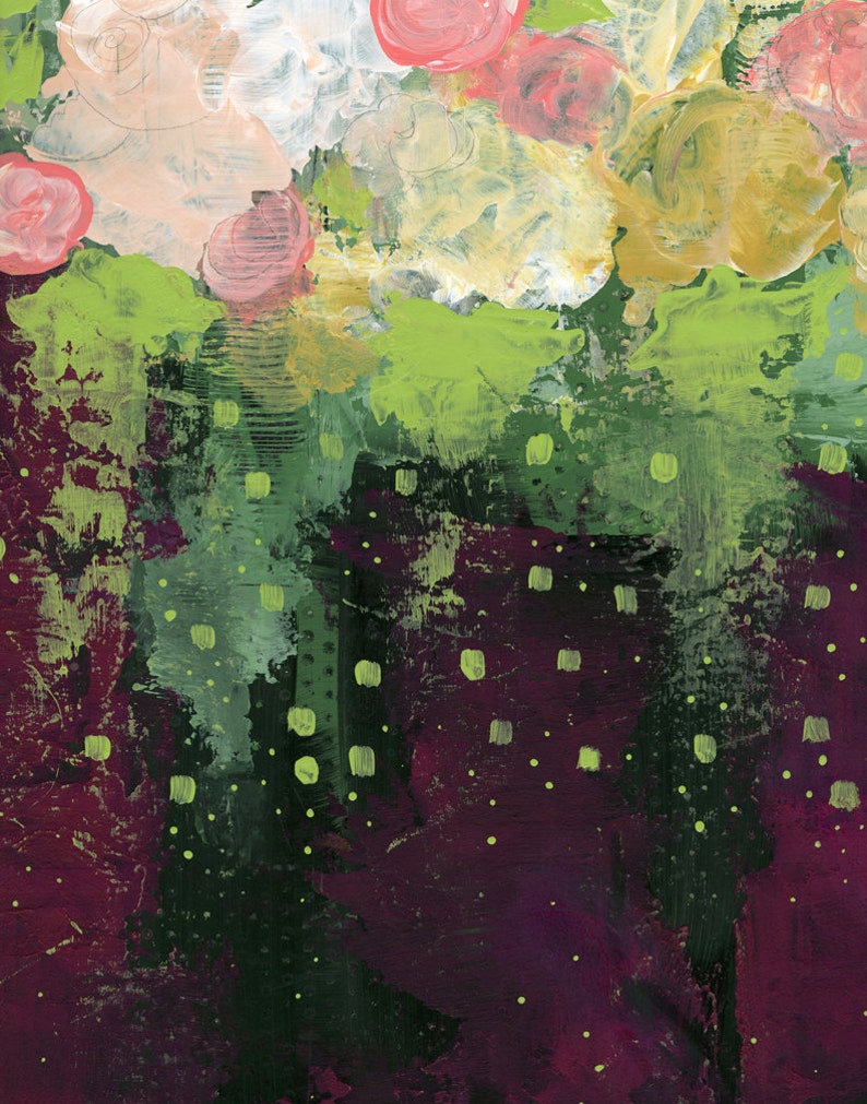 May include: Abstract acrylic painting with a floral theme. The artwork features a mix of colours, including pink, white, yellow, and green, with a dark burgundy base. The brushstrokes are visible, creating a textured effect.