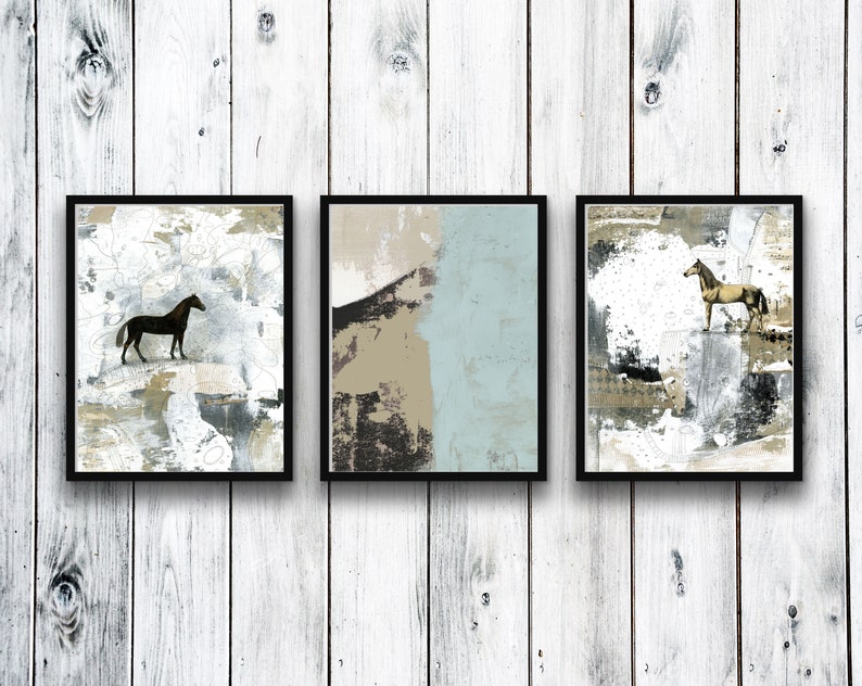 Abstract Horse Art Digital Download Blue And Beige Art 3 Piece Living Room Wall Art Or Master Bedroom Print