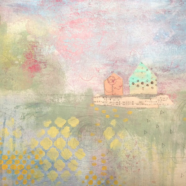 Original Pastel Painting - Abstract Canvas Art , Whimsical Mixed Media Collage Art Painting , Makes a Great Housewarming Gift!