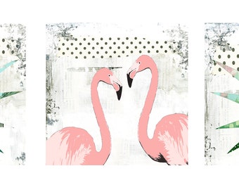 Pink Flamingo Art - 3 Piece Wall Art Printable , Digital Download Art , Beach Art Set, Whimsical Flamingo Wall Art