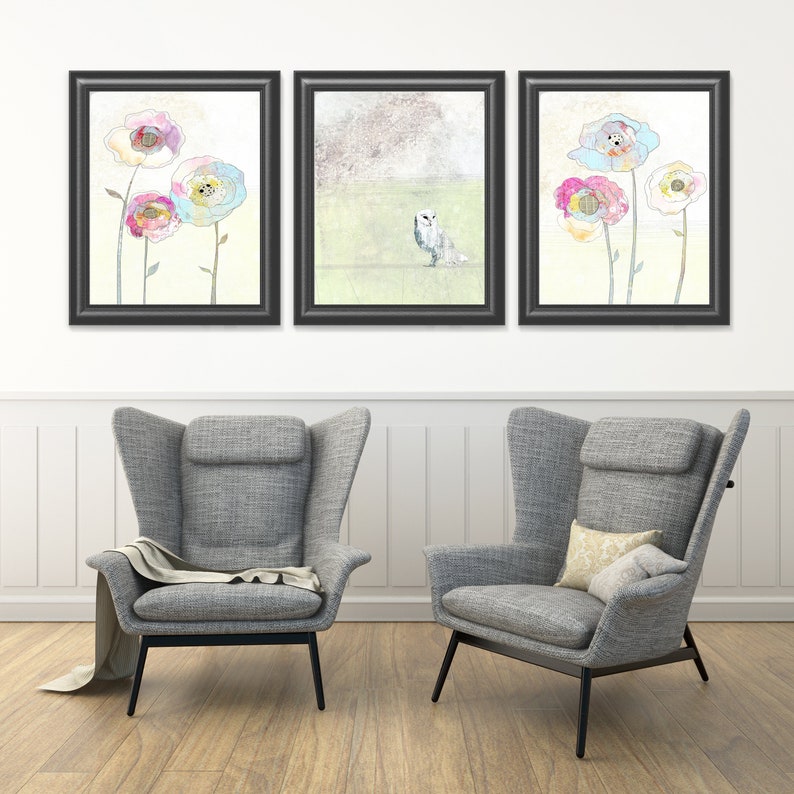 Barn Owl Art Prints Set of Three Prints, Printable Art Set, Whimsical Woodland Animal Prints, Large Nature Wall Art in a Variety of Sizes image 1