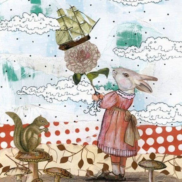 Clearance! Rabbit Art Print , Surreal Art , Mixed Media Collage Art , Whimsical Art Rproduction. Print 5607