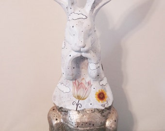 Rabbit Art Sculpture , Altered Art Bunny Rabbit , Animal Figurine, Mixed Media Collage Art , Found Object Art