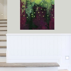 May include: Abstract floral painting with a textured finish. The artwork features a blend of colours, including pink, yellow, green, and deep purple. The painting is mounted on a wall above a white panel and wooden stairs.