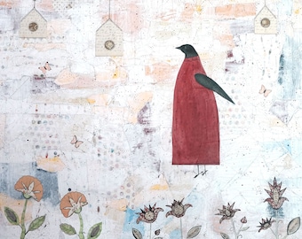 Large Original Whimsical Bird Painting, Ready to Hang