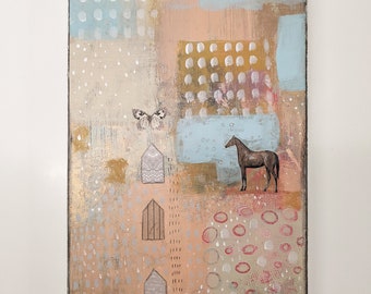 Original Abstract Horse Painting on Wood Panel