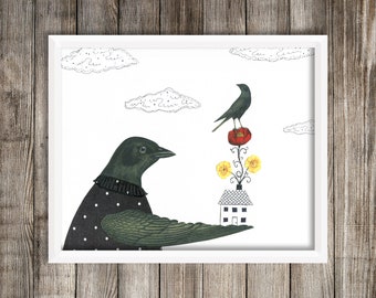 Black Crow Printable Artwork - Blackbird Digital Art , Woodland Theme Art Print , Bird Artwork Gift