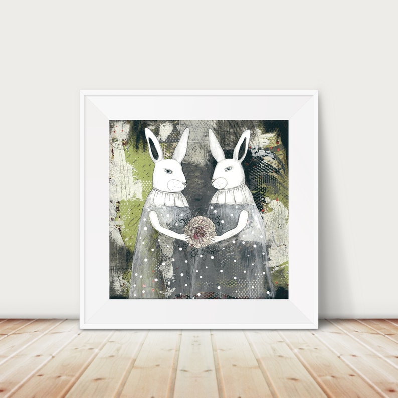 Printable Rabbit Wall Art Woodland Animals , DIY Modern Art , Grey and Green Art Print , Printable Artwork , Living Room Wall Art image 1