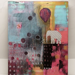 Original Elephant and Balloon Painting, Whimsical Mixed Media Collage Elephant Wall Art , Perfect for Kids Rooms image 2