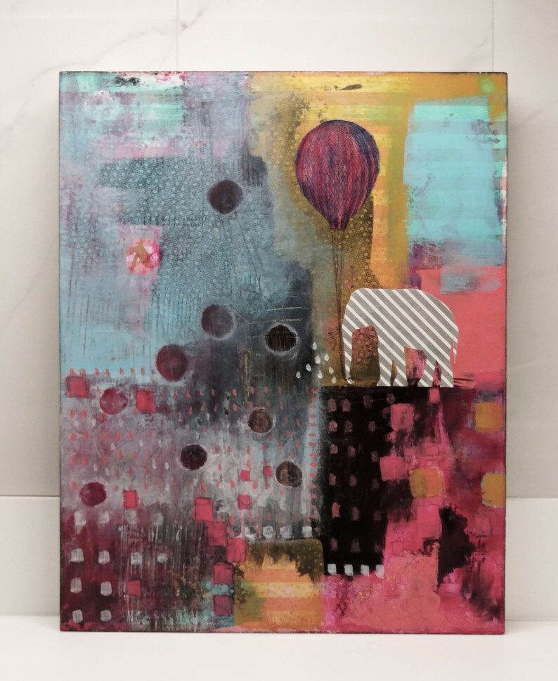 Original Elephant and Balloon Painting, Whimsical Mixed Media Collage Elephant Wall Art , Perfect for Kids Rooms image 2