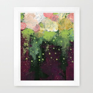 May include: Abstract floral art print in a white frame. The artwork features a mix of colours, including pink, white, yellow, and green, with a dark purple base. The painting has a textured appearance with visible brushstrokes and dotted accents.