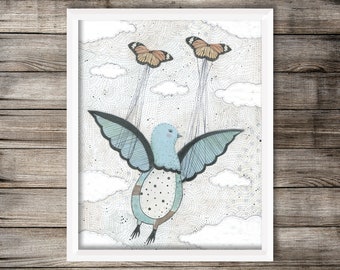 Printable Bird Artwork With Monarch Butterflies - Whimsical Mixed Media Collage Art Print , Printable Nursery Wall Art