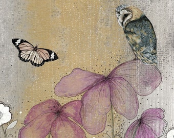 Barn Owl & Butterfly Art Print: Boho Woodland Floral (Digital Download)