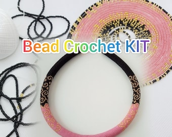 DIY Beaded Crochet Necklace Kit, Black and Pink, Jewelry Making