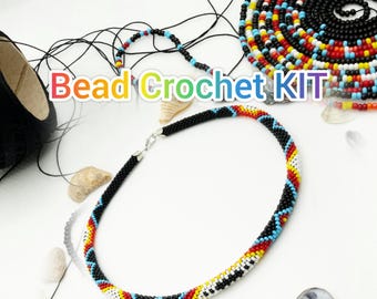 Colorful Beaded Crochet Necklace DIY Kit, Beginner Beadweaving Craft