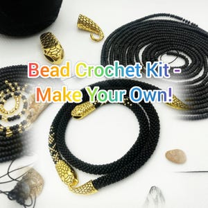 May include: A bead crochet kit with the text "Bead Crochet Kit - Make Your Own!" The kit includes black beads, gold-colored snake head clasps, and a black ball of thread. The finished product is a black beaded necklace with gold snake head clasps.
