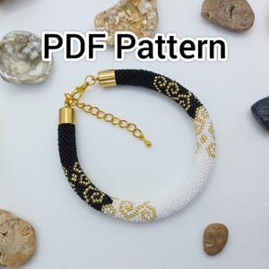 Elegant pärlmönster för armbandstillverkning, PDF-mönster Färgglad pärlvirkad repdesign, Modern svartvit design