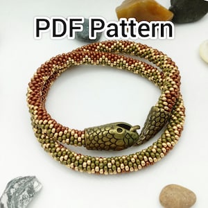 May include: A PDF pattern for a beaded snake bracelet with a gold and brown color scheme. The bracelet is made with small seed beads and features a decorative snake head clasp.