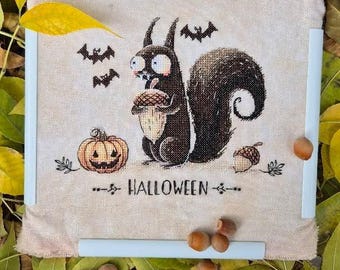 Funny Black Squirrel Halloween Cross-Stitch Pattern, Pumpkin or Acorn, digital Download PDF