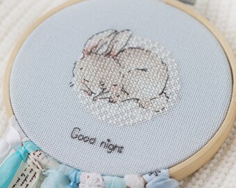 Sleepy baby Bunny Cross Stitch Pattern, digital download PDF, Cute design for bunny lovers, baptism baby gift, Funny rabbit Embroidery