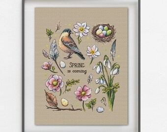 Spring Bird Sampler Cross Stitch Pattern – Floral Hand Embroidery (Digital Download PDF)
