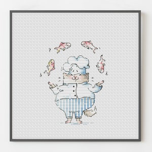 Fun Kitchen Decor: Cat Chef Juggling Fish Cross Stitch Pattern for cat lovers, tiny Kitty design, DIY embroidery Project, digital download