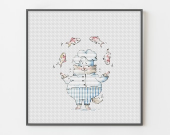 Cat Chef Juggling Fish Cross Stitch Pattern: Kitchen Decor (Digital Download)