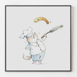 Kitchen Kitty Cross Stitch: Cute Cat in Chef&#39;s Hat Making Pancakes, PDF for cat lovers, home Decor, Instant Download, DIY embroidery Project
