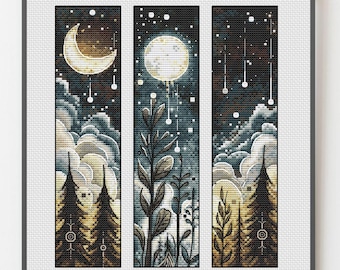 Forest Magic Cross Stitch Bookmark Pattern - Dark Fantasy Design for Cozy Reading Nooks, digital Download PDF