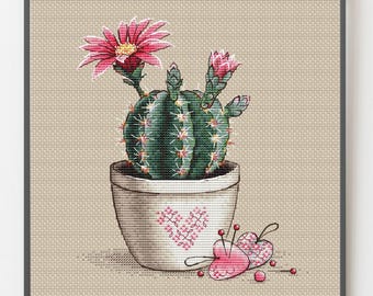 Pink Flower Cactus Cross Stitch Pattern: Realistic Embroidery (Digital Download PDF)