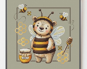 Bee-Themed little Bear Cross-Stitch Pattern for Nursery Decor, Teddy with bees, Digital download PDF