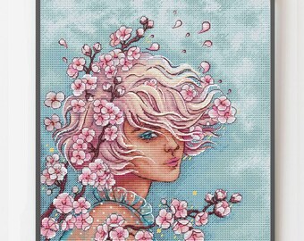 Apricot Blossom Girl Cross Stitch Pattern: Watercolor Embroidery (Digital Download PDF)