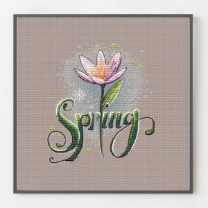 Krokus Blume Kreuzstich Muster, Aquarell Blumenmuster mit Kalligraphie FRÜHLING Text, Geschenk für Mutter, Wohnkultur digitaler Download PDF