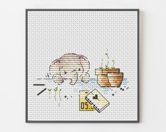 Tiny Elephant and Sprouts Cross Stitch Pattern – Gardening Theme (PDF Pattern)