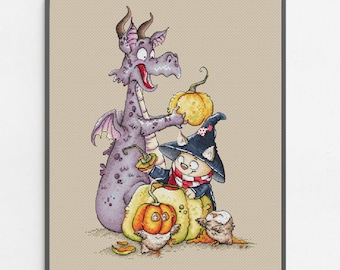 Whimsical Halloween Animals Cross Stitch Pattern: cat, dragon, owls (Digital Download PDF)