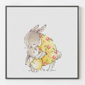 Amor Familiar en Puntos: Patrón Punto de Cruz Mamá e Hija - PDF para amantes de los conejitos, regalo para mamá, Diseño Adorable Liebre, Bordado Divertido