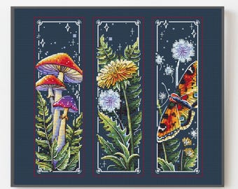 Nature Bookmark Cross Stitch Set, Celestial Botanical Embroidery digital PDF, Magic Mushroom Butterfly Chart, Cottagecore Book Lover Gift
