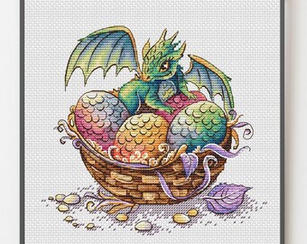 Rainbow Dragon Cross-Stitch Pattern: Easter Dragon Eggs (Digital Download PDF)
