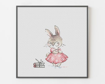 Adorable Bunny Cross Stitch Pattern - Pink Dress and Books Design - PDF for bunny lovers & bookworm, nursery baby girl gift, Fun Embroidery