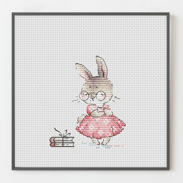 Adorable Bunny Cross Stitch Pattern - Pink Dress and Books Design - PDF for bunny lovers & bookworm, nursery baby girl gift, Fun Embroidery