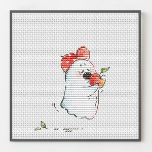 Cute Ghost Eating Apple Cross Stitch Pattern - Halloween home decor, pumpkin, witch, fall, autumn, leaves, back cat, raven, spooky sweets
