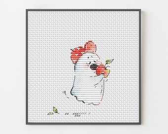 Cute Ghost Eating Apple Cross Stitch Pattern – Halloween Decor (PDF Pattern)