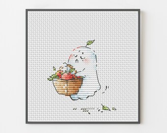 Adorable Ghost with Apple Basket Cross Stitch Pattern - PDF for boo lovers & Halloween spooky, cute home decor design, little Fun Embroidery
