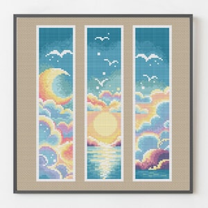 Marcador de livro em ponto cruz com nuvens rosa - Cantinho de leitura aconchegante, design de fantasia moderna, padrão de sol e lua, PDF para download digital instantâneo
