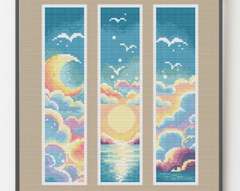 Pink Clouds  Cross Stitch Bookmark Pattern - Cozy Reading Corner, Modern Fantasy design, sun and moon pattern, digital Instant Download PDF