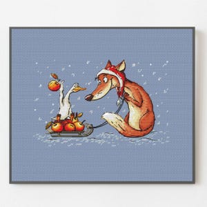 Fun Fox in Santa Hat with Goose on Sleigh, Festive Cross Stitch Pattern, cheerful Christmas decor, fox lover&#39;s gift, Digital download PDF