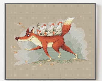 Funny Woodland Fox Cross Stitch Pattern PDF, Whimsical Embroidery Chart, Animal Lover Gift, Cute Farmhouse Kitchen Decor, digital download