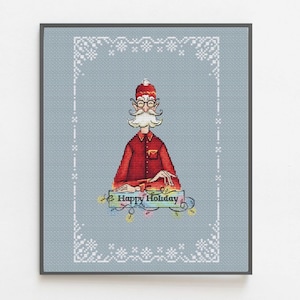 Grappig portret kerstman kruissteekpatroon, feestelijk nieuwjaarsdecor, handgeborduurde kerstkaart, kinderkamerinrichting digitale download pdf