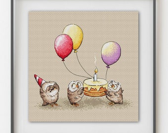 Adorable Owl Trio Birthday Cross Stitch Pattern: Fun Festive Design, Unique Wall Art Idea, modern embroidery, Ukraine digital download PDF